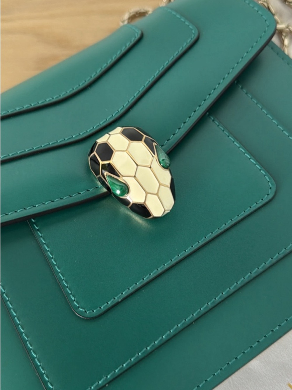 Green Leather Shoulder Bag with Serpent Head Clasp